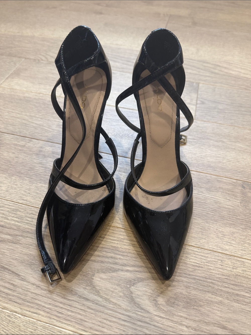 Aldo Black Patent Pointed Toe Strappy Heels